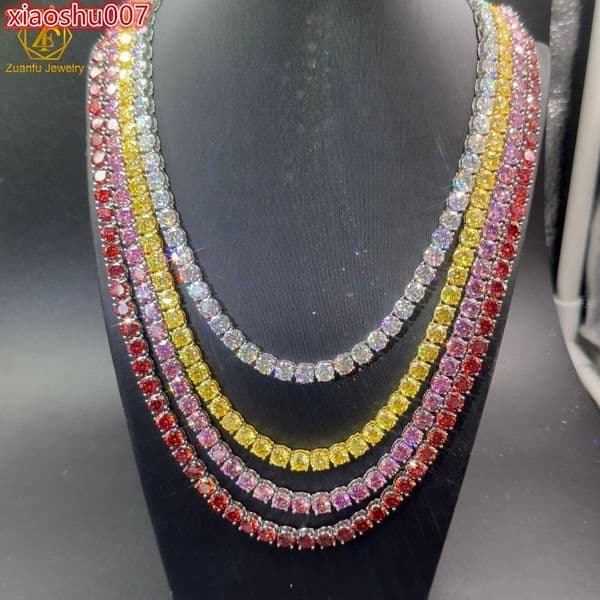 Iced Out Pass Diamond Tester Pink Yellow Red White Moissanite Diamond 2MM-65MM Sterling Silver Necklace Chain Tennis Chain