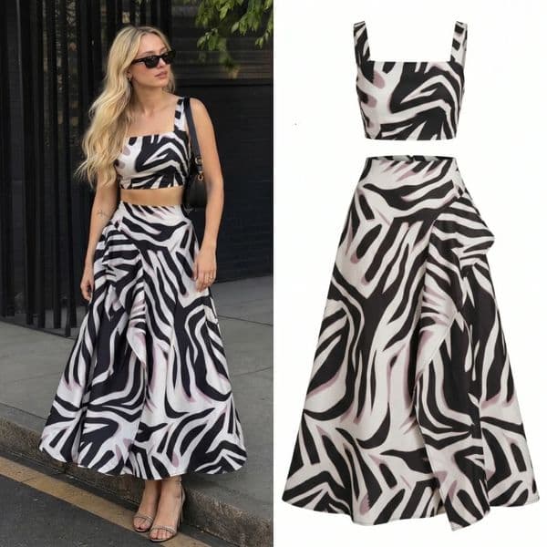 Elegant Fashion Zebra Print Ruffle Skirt Sets Women Camisole Top Skirt Suits Chic Korean Party Daily Streetwear Skirts Set 260615