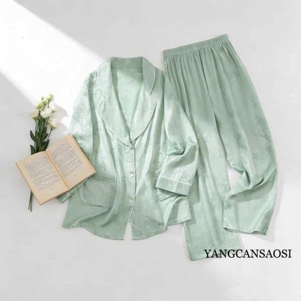 2025 Womens Fashion Spring/Autumn New 100 Natural Mulberry Silk Jacquard SangBo Satin Solid Versatile Elegant Pajama Set J260618