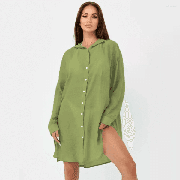 Boho Long Sleeve Button Down Tunic Dress Solid Color Oversized Blouse Tops Shirt Vacation Outfit