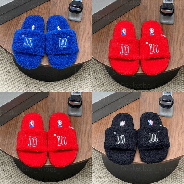 Designer Men Collab Furry Sandals Art Embroidery Women Open Toe Mules One Strap Slide Slippers Fashion Casual Flat Slides Size 35-47