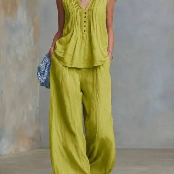 New Summer Retro Solid Set Woman Elegant V Neck Top And Wide Leg Pocket Trousers Suit Sleeveless Summer Outfit