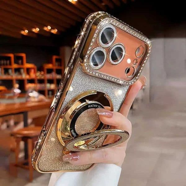 diamond Plating transparent glitter magnetic phone case for iPhone 17 16 13 14 15 Pro Max lens protection bracket back cover J260618