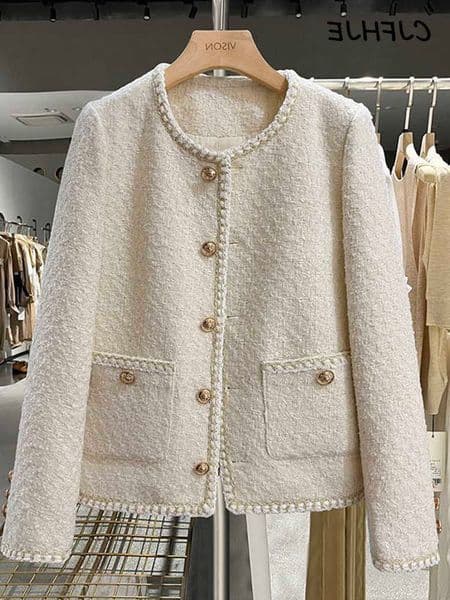 Jackets Womens CJFHJE Elegant Spring Autumn Round Neck Woolen Coats Women Korean Fashion Office Lady Coats Beige Chic Button Short Twd Jacket 230912 L26