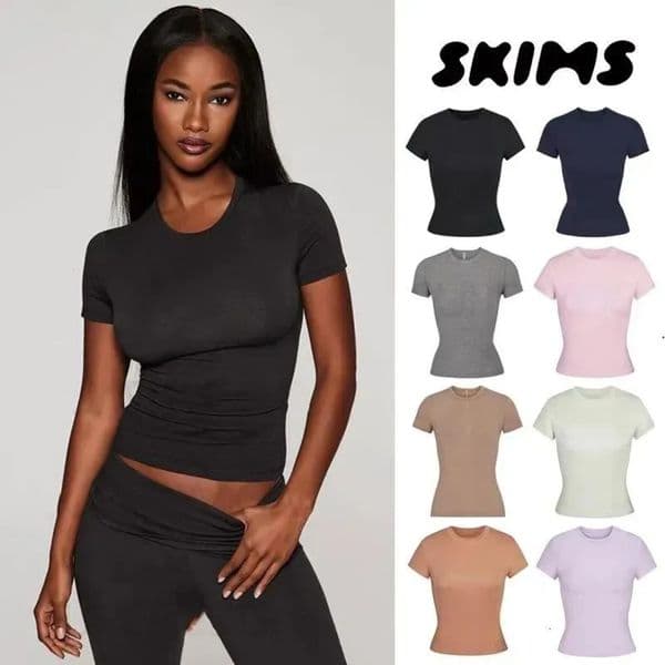 2026 Gym Clothe Set Skims Women Clothes Kardashian Top T-Shirt Short Sleeve workout set Stretch Slim Kylie Same Style Ribbed Cotton Crew Neck Base Shirt Lou