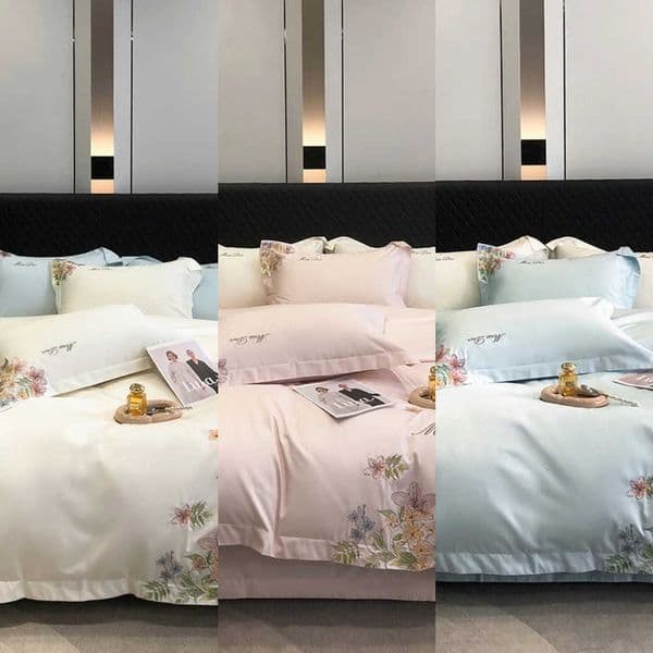 Flowers Luxury Bedding Embroidery Set Quilt/Duvet Cover White Egyptian Cotton Bedspread Fitted Sheet Mattress Cover Pillowcases L260618