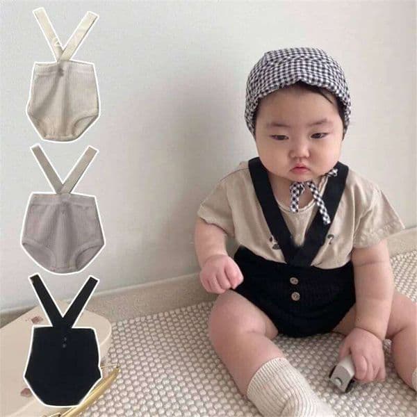 2026 Newborn Baby Summer Ribbed Overalls Solid Cotton INS Korea Clothes Style Boys Girls Elastic Waist Suspender Shorts