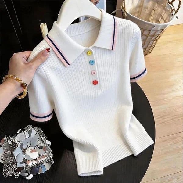 Women's T Shirts Women Clothing Fashion All-match Turn-down Collar Button T-shirt Summer Elegant Solid Patchwork Short Sleeve Tops Lady