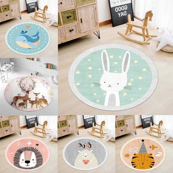 Round Patterned Cute Rug Animal with Bunny Lion Tiger Whale Sheep Designs Floor Mat for Kids Room Decor Adding Playful Charm C260618