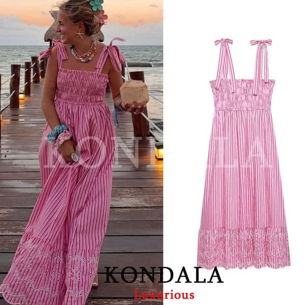KONDALA Beach Party Chic Women Print Dress Striped Bow Cami Lace-up Long Pink Dress Fashion 2026 Summer Holiday Loose Dress 260617