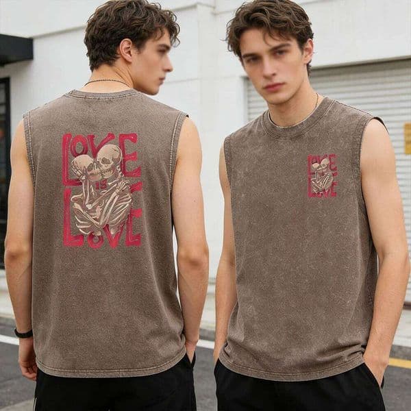 Men Distressed Vintage Washed Tank Top Hip Hop Street Gothic Skeleton Lovers Graphic Sleeveless Vest Casual Loose Cotton T-Shirt