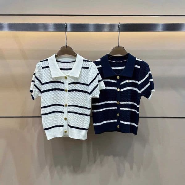 New early autumn letter-printed cable-knit striped turn-down collar wool blend knitted short-sleeve single-breasted cardigan for women