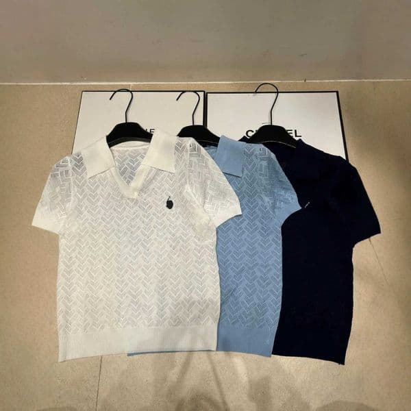 Designer's high-quality clothing Trendy knitted solid color hollow-out lapel short-sleeve pullover loose versatile womens top new summer model thumbnail 2
