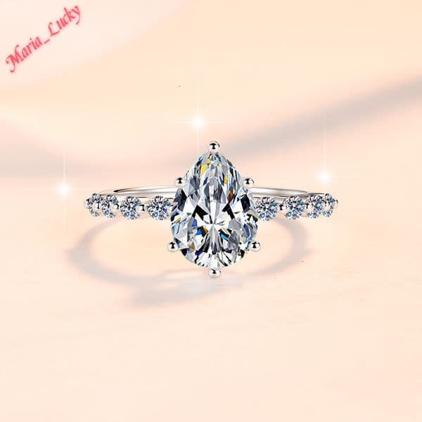 High Quality Pear Cut 6 Prong Solitaire Ring 925 Sterling Silver Gradient Paved Side Stone Band VVS Moissanite Color Elegant Engagement Promise Jewelry For Women