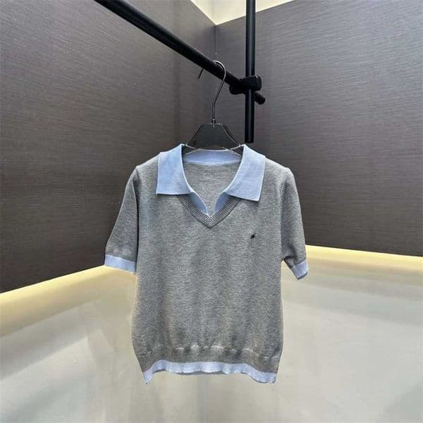 Designer's high-quality clothing Two-tone polo collar short-sleeve knit summer new style with small embroidery casual and versatile womens top