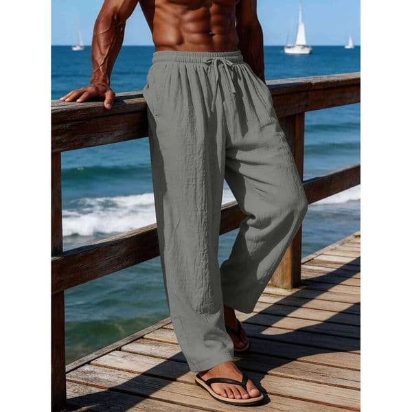 Men's Linen-Blend Casual Pants, Elastic Waist Drawstring Loose Beach Trousers