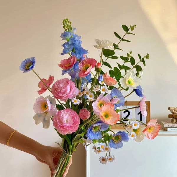 11-Stem Artificial Mixed Papaver Rhoeas Flower Bouquet for Living Room Arrangement Placement in Dining and Living Rooms 260615