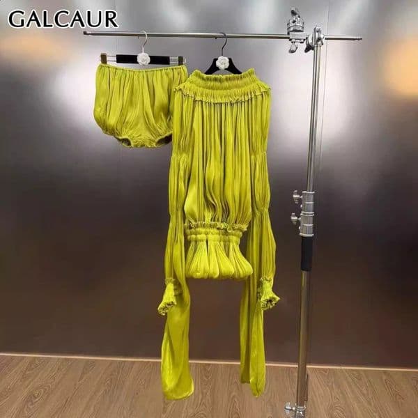 GALCAUR Solid Loose Spliced Folds Mini Dress for Women Slash Neck Long Sleeves Patchwork Elastic Waist Dresses Female Fashion 260618