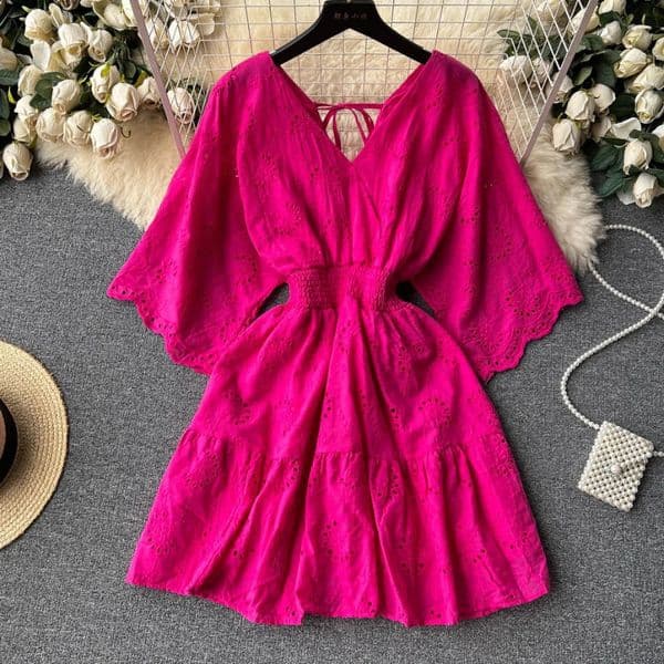 White/Purple/Blue V Neck Summer Lace Embroidery Dress Women Short Sleeves Dresses Female Vintage Party Beach Midi Dresses 260616