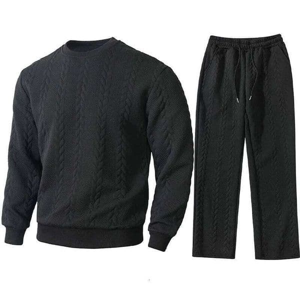 New European American Style Solid Color Sporty Casual Jacquard Men's Warm Base Layer Sweatshirt and Long Pants Set