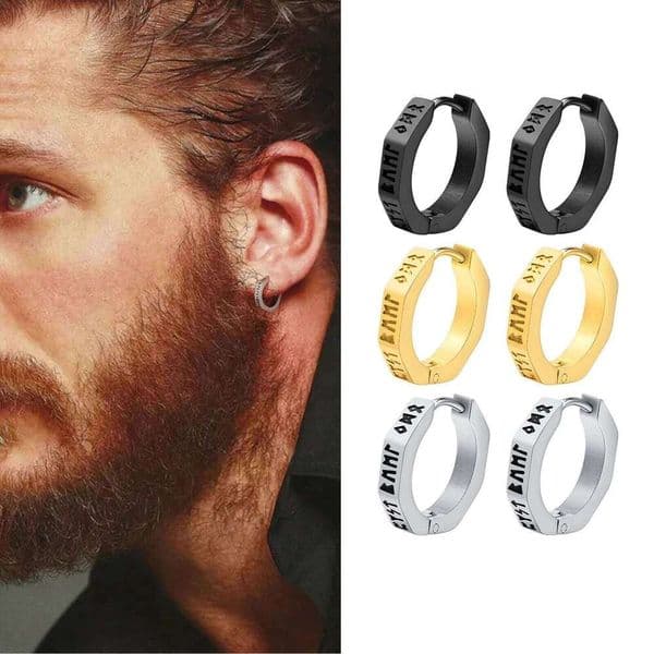 North Hoop men Stainless steel Octagon Runes Round Earrings Talisman Stylish Jewelry Viking Gifts for Male