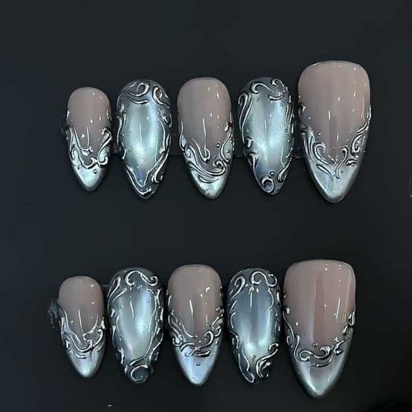 False 30Pcs Nails Cat-Eye 3D French Manicure Gold-Plated White Minimalist Press-On NailsPerfect As A Gift for Girls and Friends D260621
