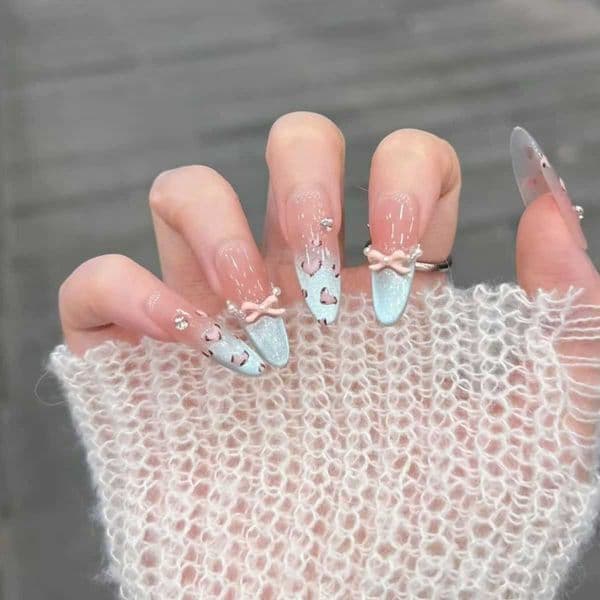 Nails 10pcs Handmade Press on Leopard Print Blue Cat Eye Fake Nail Tips Wearable Detachable Spice Girls Long Almond False Nails M260621