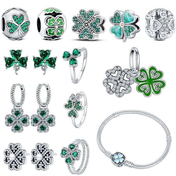 2025 St. Patrick's Day Lucky Shamrocks Charm Fit Bracelet Diy Fashion Clover Jewelry set Love S925 sterling silver Ring