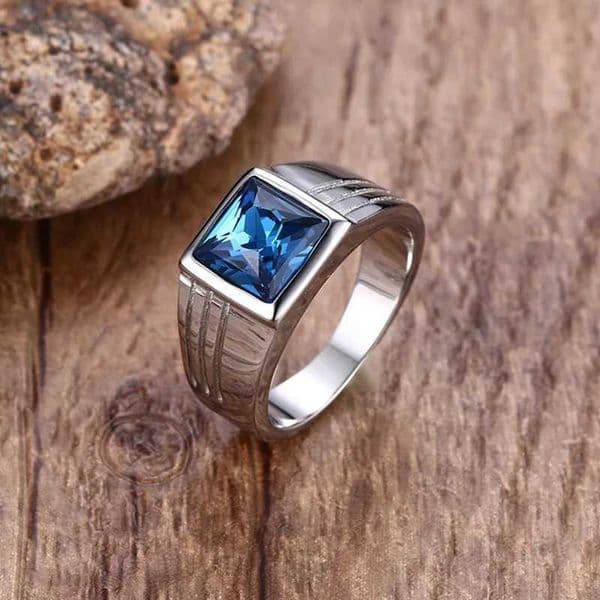 Stylish Men Signet Rings Stainl Steel Statement Ring with Rectangle Blue Stone anel mascinoT260621