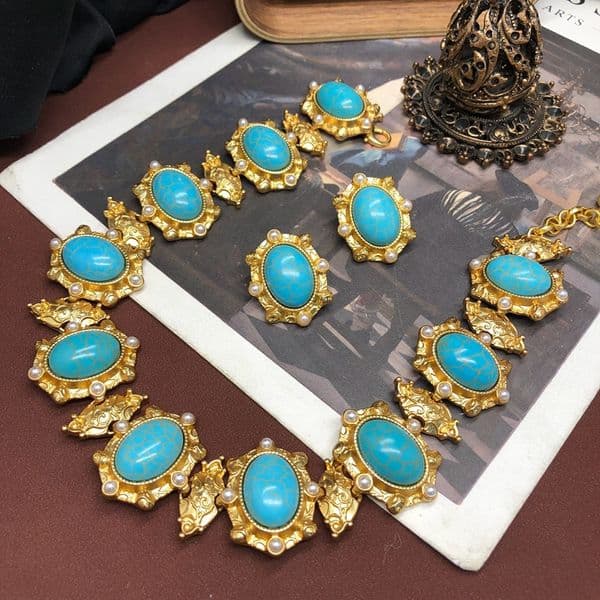 Vintage Royal Fashion Women Jewelry Set Yellow Gold Plated Blue Turquoise Necklace Earrings For Girls Women Nice Gift for Friend