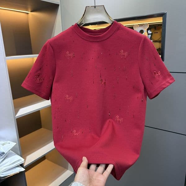 Men Heavy Fabric Short Sleeve Tee Embroidered Horse Motif All Over Rhinestone Decor 2026 Summer New Slim Fit Light Lux Daily Casual Basic Layer Soft Breathable