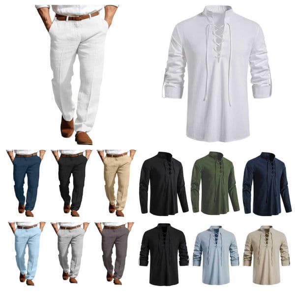 Pants Mens Men Elegant Stand Pockets Cotton Linen Solid White Black Ankle-Length Trouser Plus Size Mens Casual Straight Shirt With Collar Cuffs Pants L26