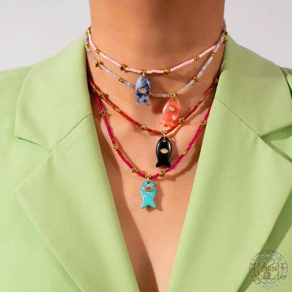 Fish Pendant Necklace Natural Cylinder Stone Bead Stainless Steel Choker Advanced Ocean collar verano peces y acero 260622