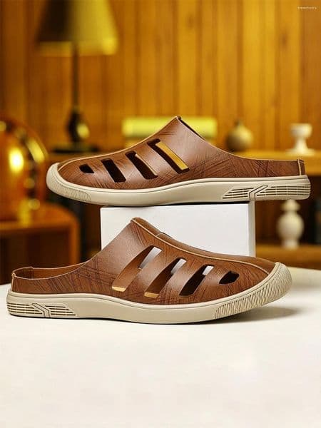 Sandals 2026 Men Soft Leather Hollow Out Breathable Casual Shoes With Rubber Sole Summer Footwear
