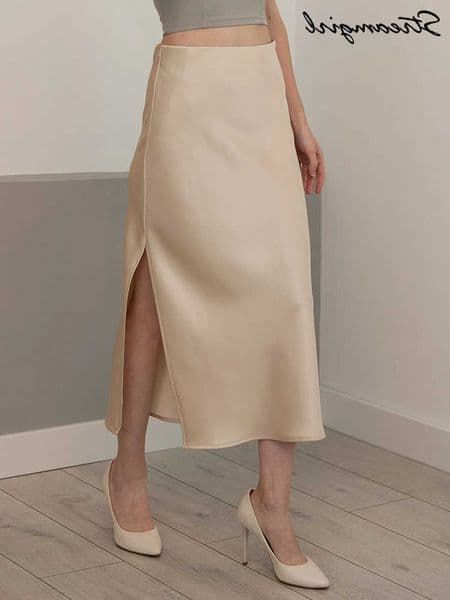 Streirl Office Black Midi Skirts For Women High Waist Elegant Silk Skirt Ladies Solid Women Satin Skirt With Slit On The Side L26
