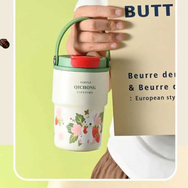 New Ceramic Liner Insulated Cup 450ML Handle 316 Stainless Steel Thermos Cup Double drinking straw Thermal Mug TravelT260623