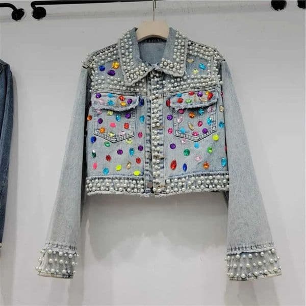 and Spring autumn womens rainbow pearl bead clip with Klein stone rivets short jeans wool sweater sequined jacket 240921 S260623