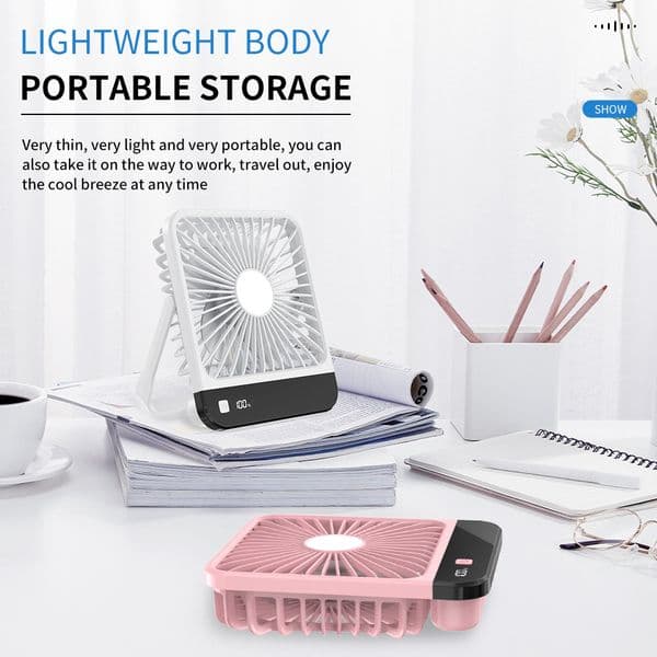 Ultra Thin Fold Desk Fan Digital Display USB Recharge Quiet Camping Fan
