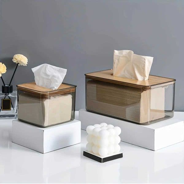 1pc-Mtifunctional Tissue Holder Paper Box With Bamboo Cover Transparent Container Living Ro Bedro Tissue Storage Box J260623