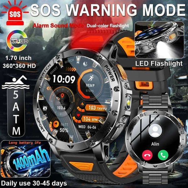 New Outdoor Sports Fitness 1.7 Inch Watch 1400mAh Battery Waterproof SOS Dual-Color Flashlight BT Call Smart watch For Men 26L0624