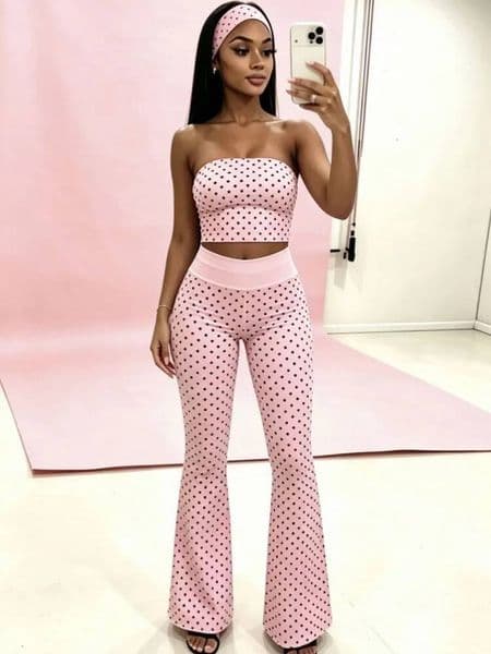 Doyerl Polka Dot Pieces Set For Woman Outfit Birthday Party Club Strapless Crop Top Flare Pants Matching Sets With Headband