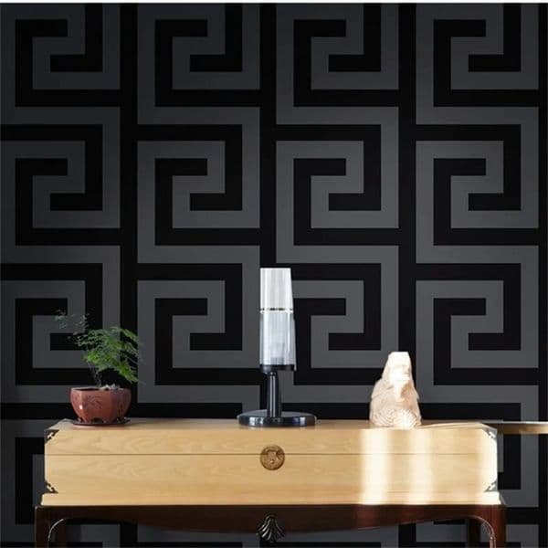 Luxury Designer room Decor Geometric Wall Papers Black Grey Satin Effect Large Greek Key Wallpaper Living Room Background Decor Decoration F 73