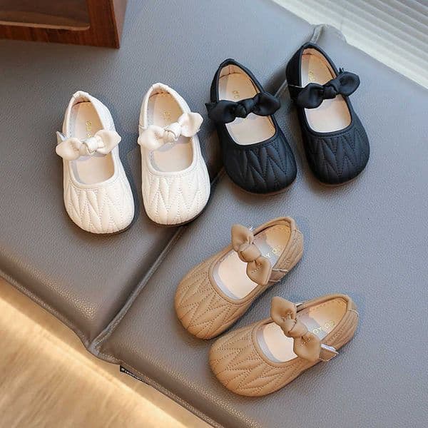 Sweet Girls Princess Shoes with Bow Kids Soild Color PU Leather Soft Sole 2025 New Fashion Korean Children Flat Shoes Non-slipR260626