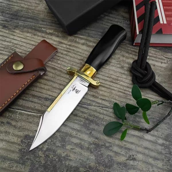 Straight Edge Fixed Blade Knife D Steel Mirror Polish Ebony Brass Handle Durable Leather Sheath for Outdoor Adventures