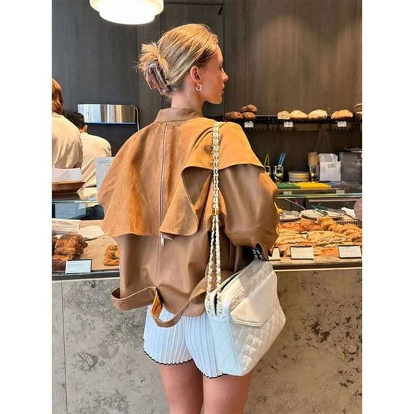 Bestseller Women's Cape Style Pu Long Sleeved Leather Jacket Solid Color Stand Up Collar Zipper Waistband Coat Fashion Versatile Streetwear 8 Ddmylion