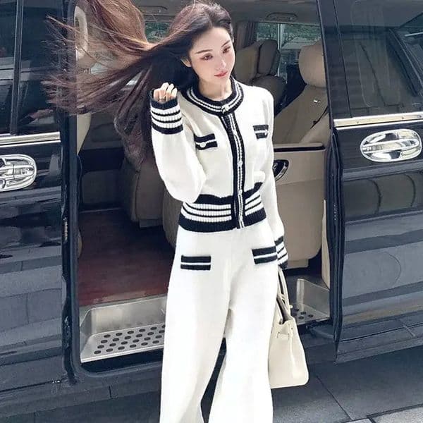 Elegant womens coarse woolen style twopiece set womens autumn collection fashionable social style set 240902