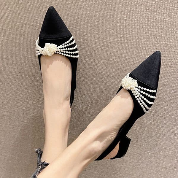 2025 ck Patchwork Shoes Ladies Delicate Pearl Sandals Rear Strap Mary Jeans Low Heel Sgback Chaussure Femme Dress 0181