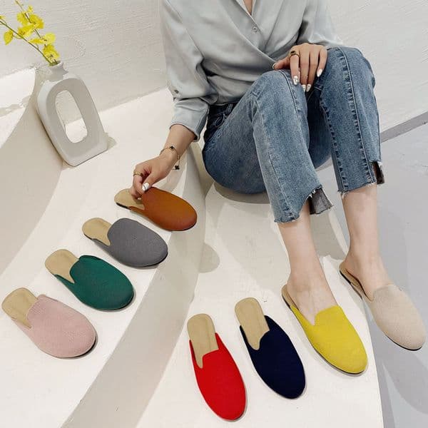 2022 Princess Shoes Ladies Polyester Breathable Flat Mules 3D Fly Weave Stretch Slippers Woman Casual Slides Home Big Size 34-43