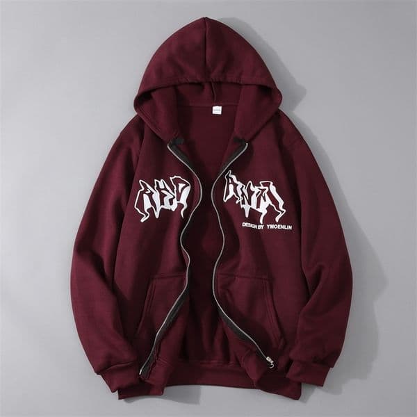 Y2K letter printed zipper hooded sweatshirt womens jacket casual hip-hop Harajuku streetwear top loose pleated hooded sweatshirt 240830