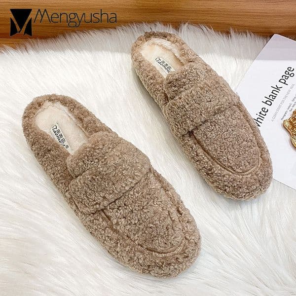 Women Winter House Lamb Fur Fashion Warm Shoes Woman Slip on Flats Female Slides Round toe Cozy Home Furry Slippers ry pers 92